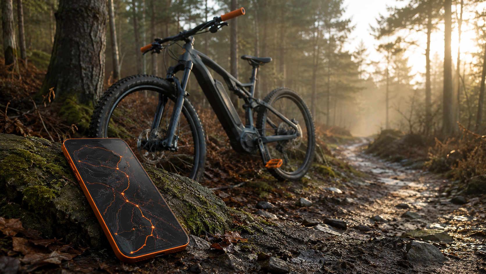 An orange iPhone beside a grey e-mountain bike on a forest trail