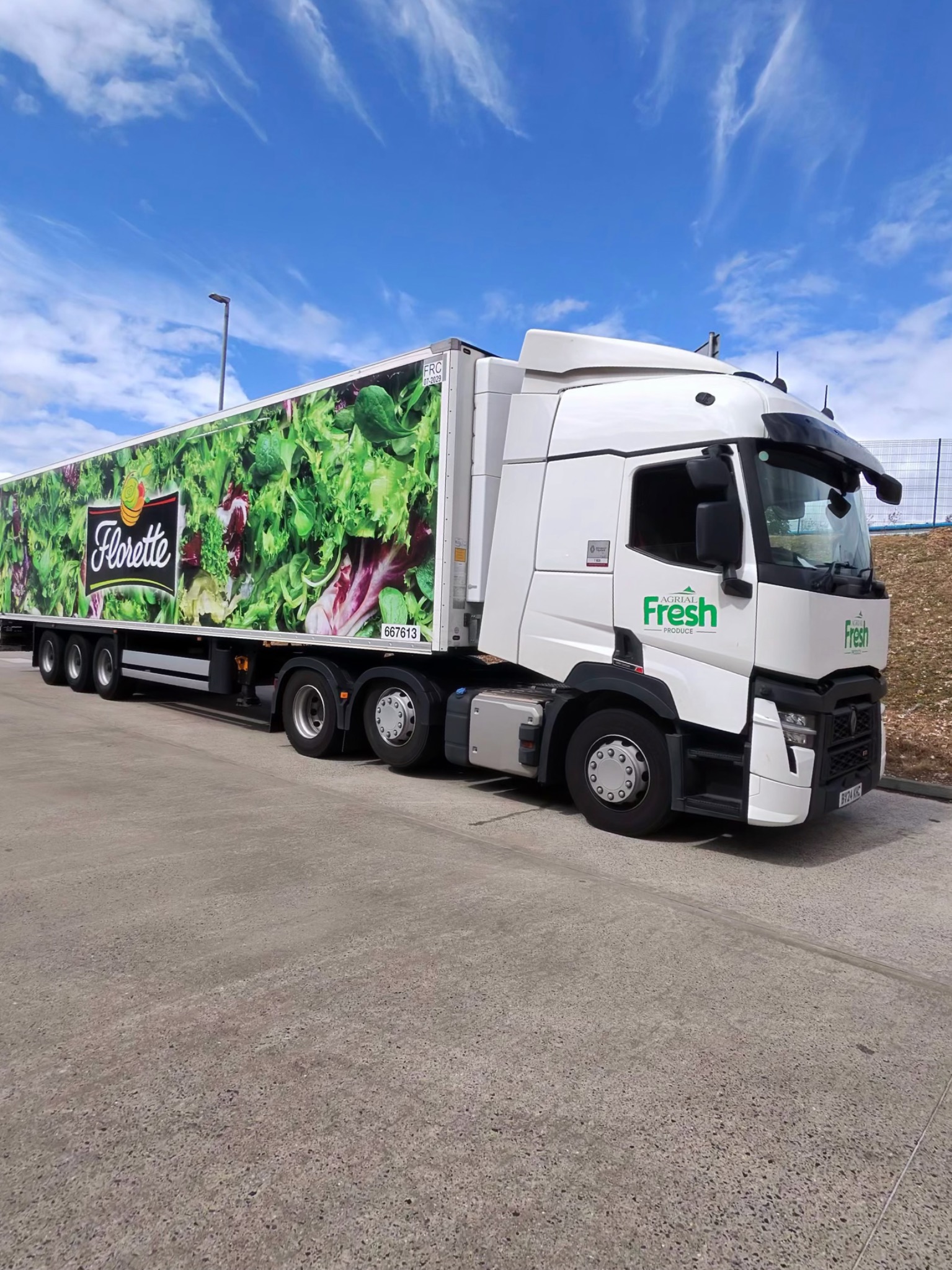 The Florette refrigerated artic I drove, parked beneath a blue British sky
