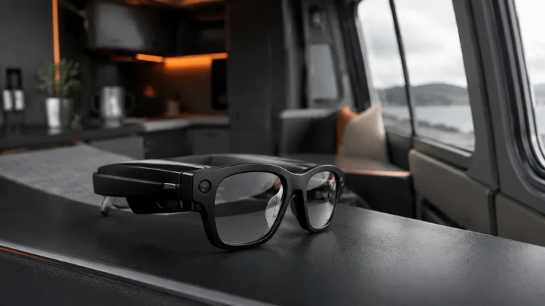 Black smart prescription glasses resting inside Vanilla the grey campervan