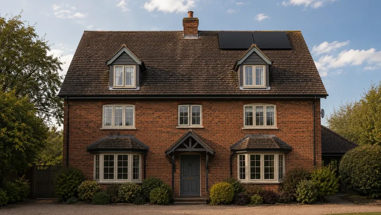 Planning visualisation of two all-black solar panels on a south-facing British tiled roof