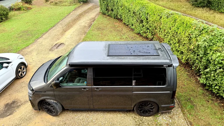 Overhead view of Vanilla and the new roof-mounted solar panel fitted by Dapa Campervans