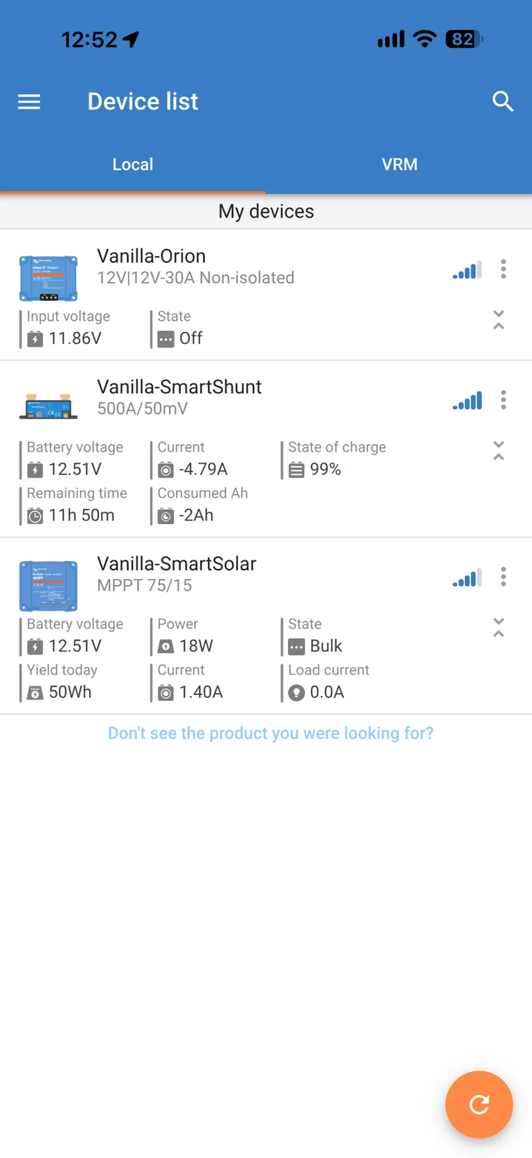 VictronConnect device list showing Vanilla's Orion charger, SmartShunt and SmartSolar live readings